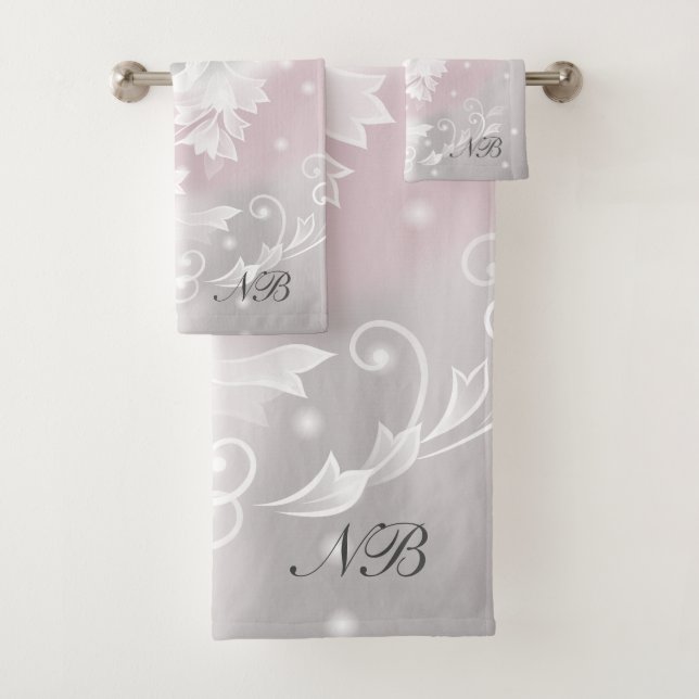 Blush Gray White Floral Fantasy Initials Bath Towel Set (Insitu)