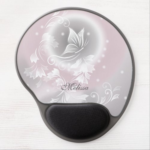 Blush Gray White Floral Fantasy Monogram Gel Mouse Pad