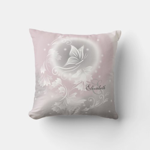 Blush Gray White Floral Fantasy Monogram  Throw Pillow