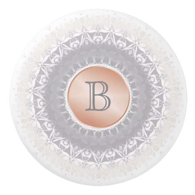 Blush Gray White Rose Gold Mandala Monogram Ceramic Knob (Front)