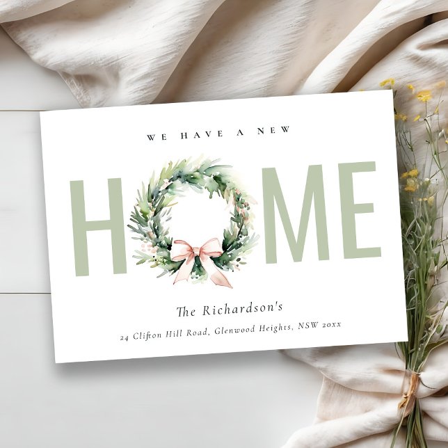 Blush Green Christmas Wreath New Home Announcement (Creator Uploaded)