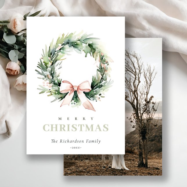 Blush Green Christmas Wreath Watercolor Photo Holiday Card (Creator Uploaded)