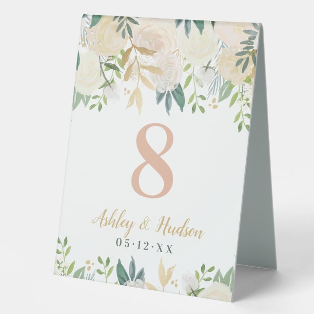 Blush Green Gold Floral Wedding Monogram Number Table Tent (Front)