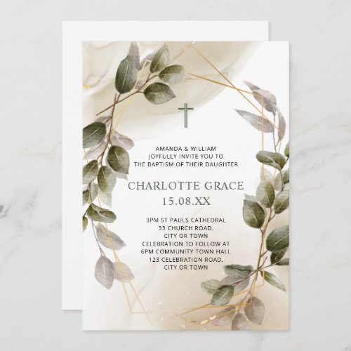 Blush Green  Gold Frame Botanical Baptism Invitation