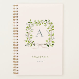Blush & Green Monogram Greenery Wreath & Bow Planner