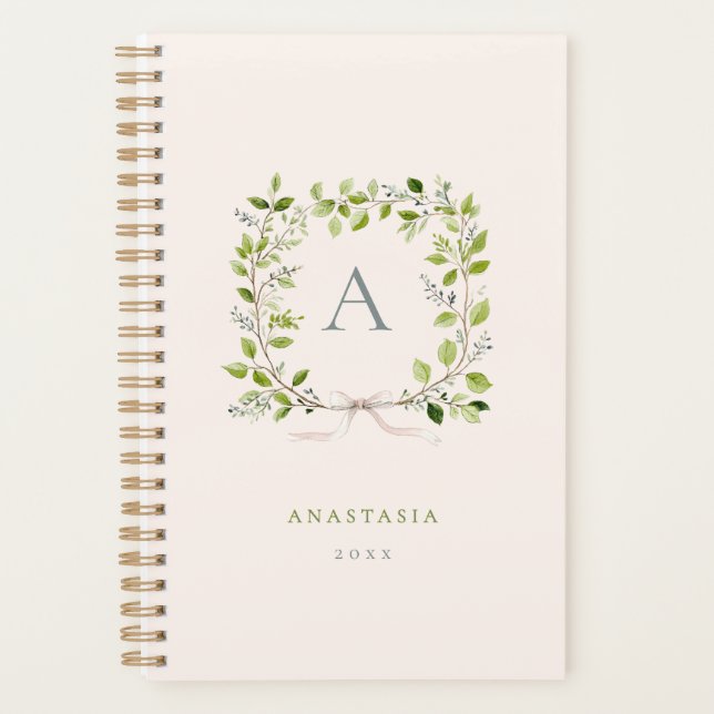 Blush & Green Monogram Greenery Wreath & Bow Planner (Front)