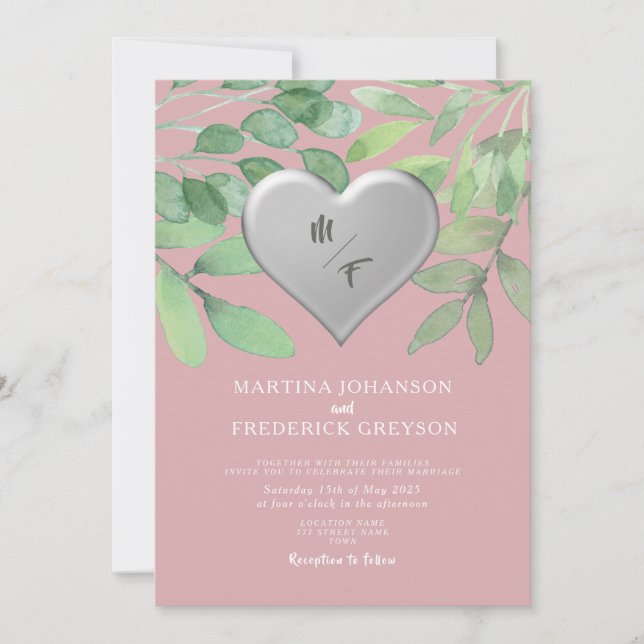 Blush Green Monogram Heart Wedding Invite (Front)