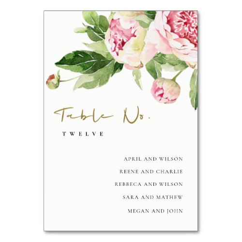 Blush Green Peony Floral Wedding Seating Chart Table Number