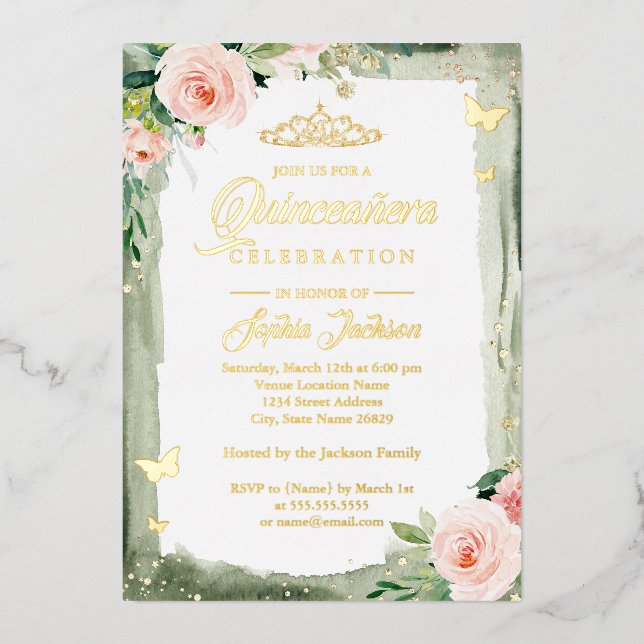 Blush Green Quinceanera Floral Sparkle Tiara Foil Invitation (Front)
