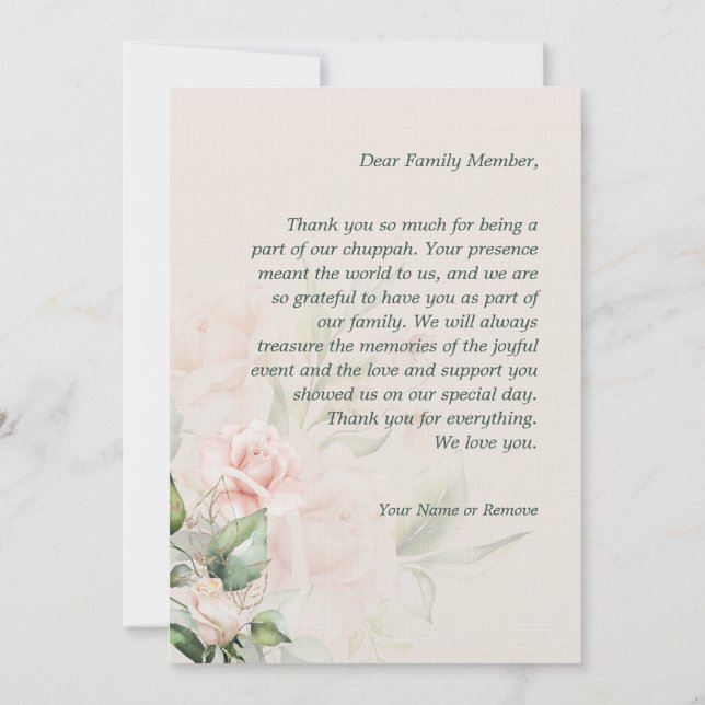 Blush & Green Spring Jewish Hebrew Chuppah DIY Thank You Card (Back)