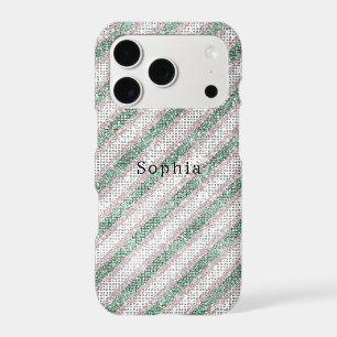Blush Green White Glitter Stripes Sparkle iPhone 17 Pro Case