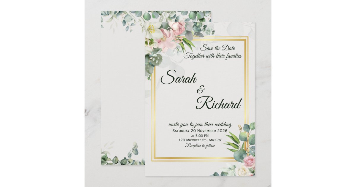 Blush Greenery Gold Frame Wedding Invitation | Zazzle