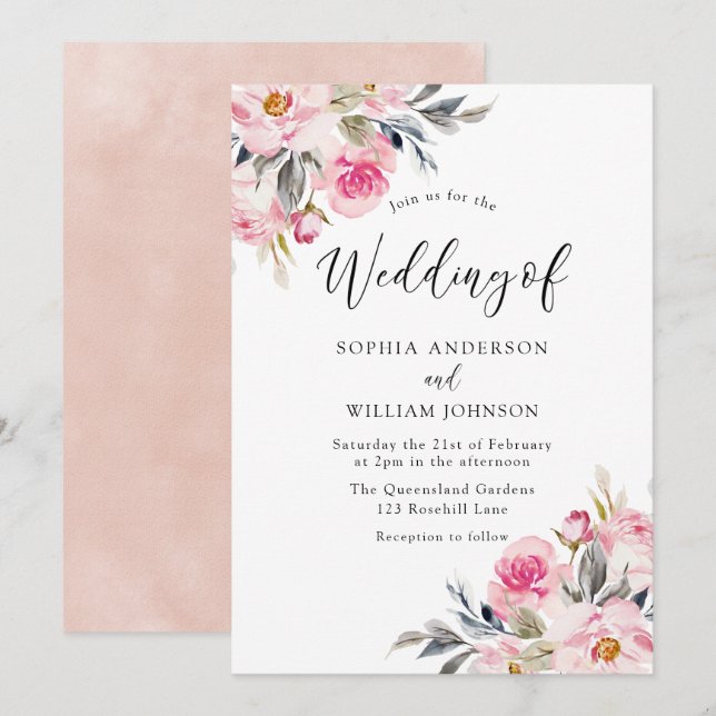 Blush & Greenery: Watercolor Floral Wedding Invitation (Front/Back)
