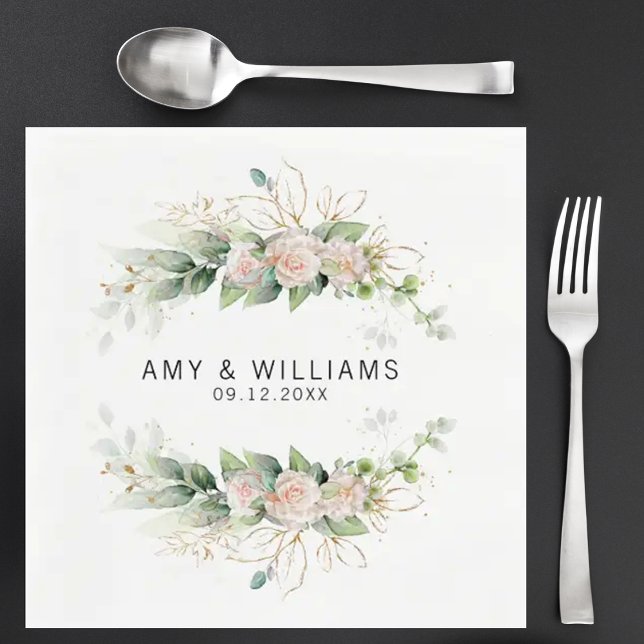 Blush Greenery Watercolor Personalized Wedding  Napkins (Creator Uploaded)