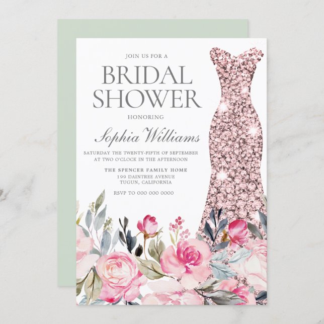 Blush & Greenery Wedding Dress Gown Bridal Shower Invitation (Front/Back)