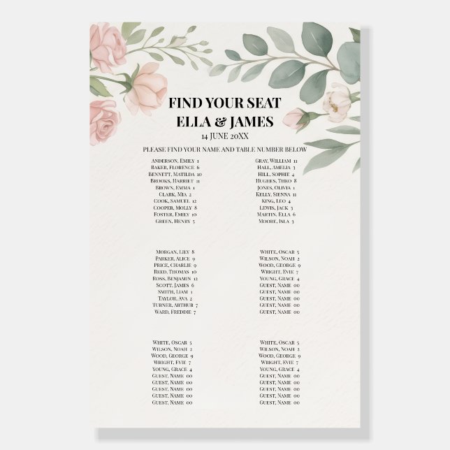 Blush Greenery Wedding Seating Chart Sign (Front)