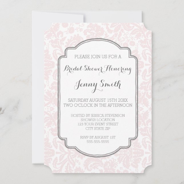 Blush Grey Damask Bridal Shower Invitation Cards (Back)