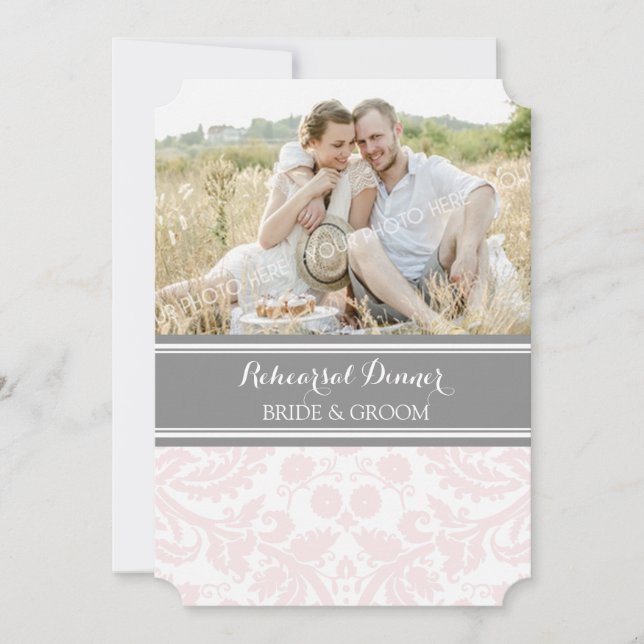 Blush Grey Damask Photo Rehearsal Dinner Party Invitation (Front)