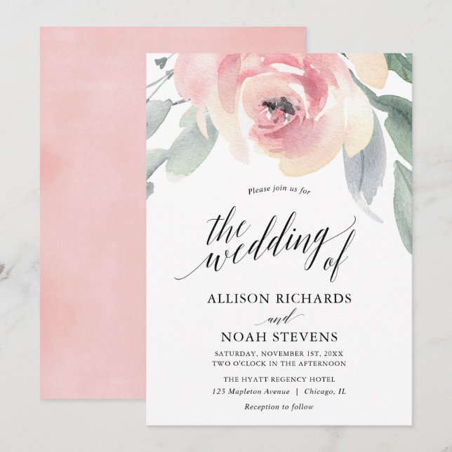 Blush grey floral watercolor elegant wedding invitation (Front/Back)