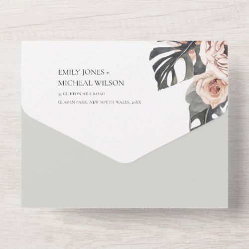 BLUSH GREY FLORAL WREATH MONSTRERA LEAF WEDDING AL ALL IN ONE INVITATION