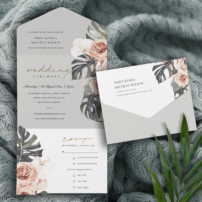 BLUSH GREY PEACH FLORAL MONSTRERA LEAF WEDDING ALL IN ONE INVITATION (Creator Uploaded)
