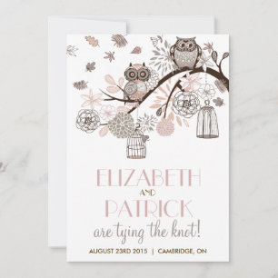 Blush & Grey Retro Owls Winter Wedding Invitation