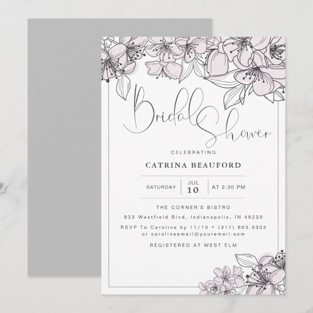 Blush Hand Drawn Floral Flowers Bridal Shower Invitation (Front/Back)