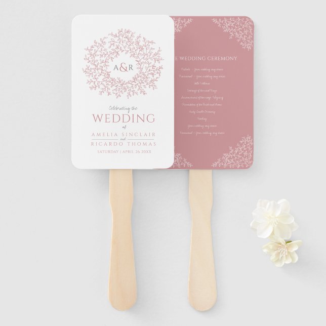 Blush hand drawn leaf monogram art wedding program fan (Front and Back)