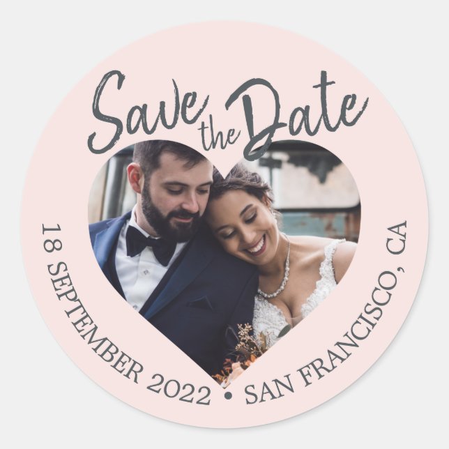 Blush Heart Photo Save The Date Classic Round Sticker (Front)