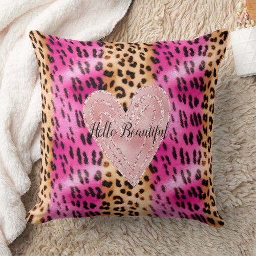 Blush Heart Pink Gold Leopard  Throw Pillow