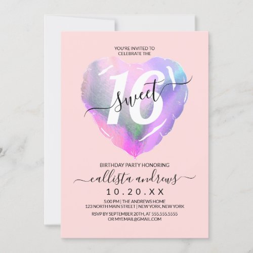 Blush Holographic Foil Heart Balloon Sweet 16 Invitation