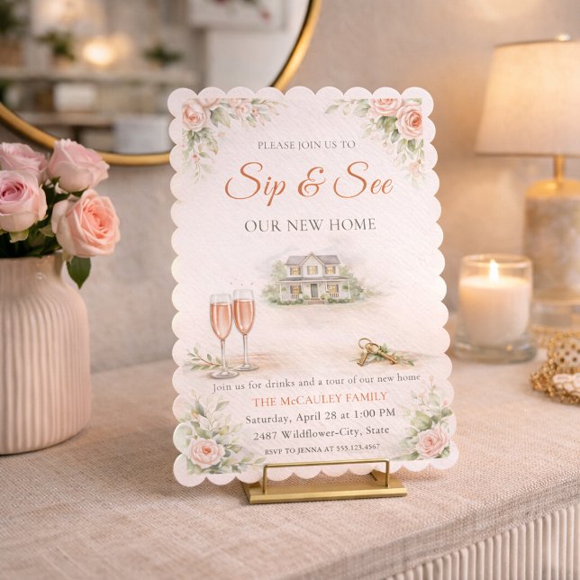 Blush Home Gathering Invitation (Blush floral home gathering with champagne toast, soft greenery, and new home tour details)