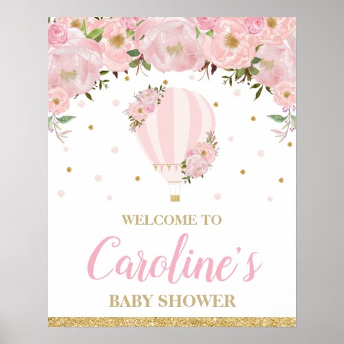 Blush Hot Air Balloon Baby Shower Girl Welcome Poster