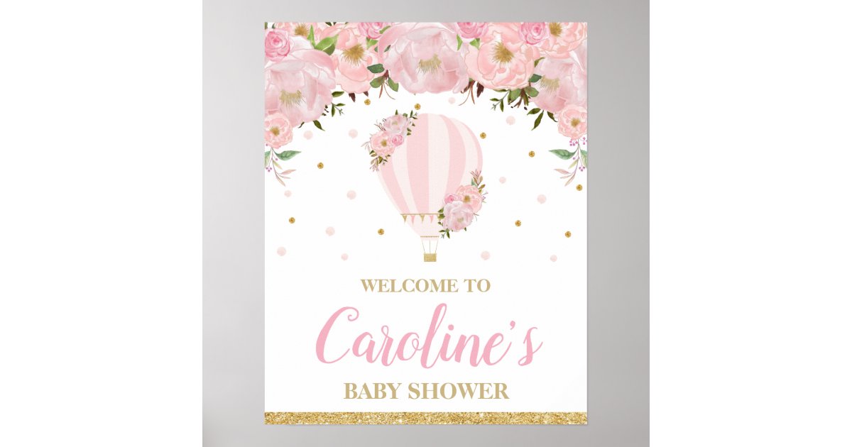 Blush Hot Air Balloon Baby Shower Girl Welcome Poster | Zazzle.com