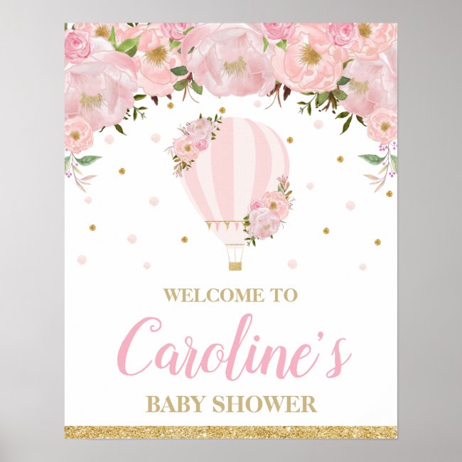 Blush Hot Air Balloon Baby Shower Girl Welcome Poster