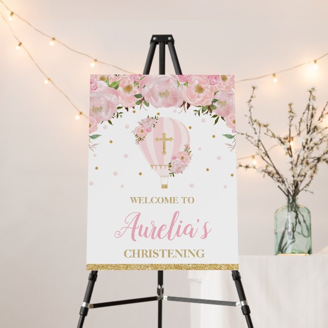 Blush Hot Air Balloon Christening Baptism Welcome  Foam Board (In Situ (Stand))
