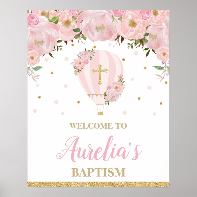 Blush Hot Air Balloon Christening Baptism Welcome Poster (Front)