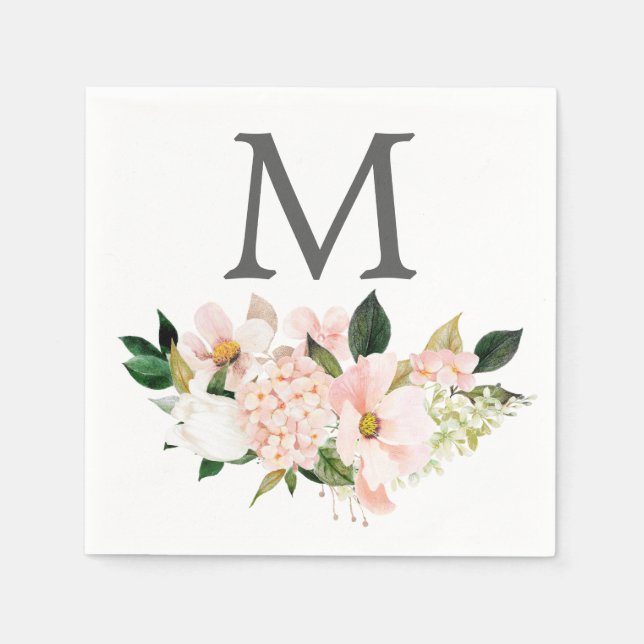 Blush Hydrangea Monogram Wedding Cocktail Napkin (Front)