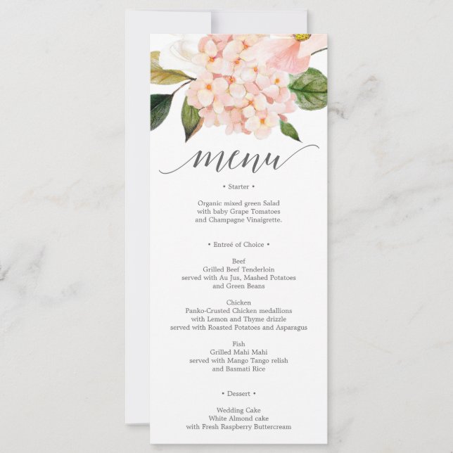 Blush Hydrangea Wedding Menu or Bridal Shower Menu Invitation (Front)