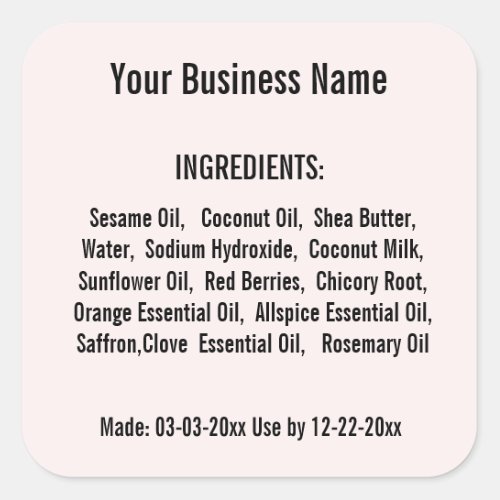 Blush Ingredient List Handmade Skincare product  Square Sticker