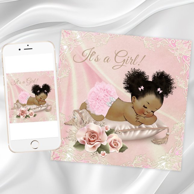Blush Ivory African American Baby Shower Invitation (Blush pink baby shower invitation with African baby girl on a pretty pillow and lace background.)