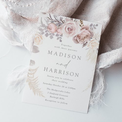 Blush  Ivory Dusty Rose Floral Wreath Wedding Invitation