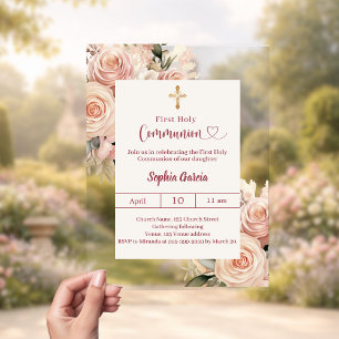 Blush Ivory dusty rose florals cleFirst Communion Acrylic Invitations