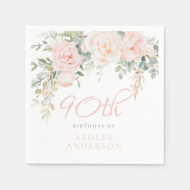 Blush & Ivory Elegant Flowers 90th Birthday Party Napkins (Front)