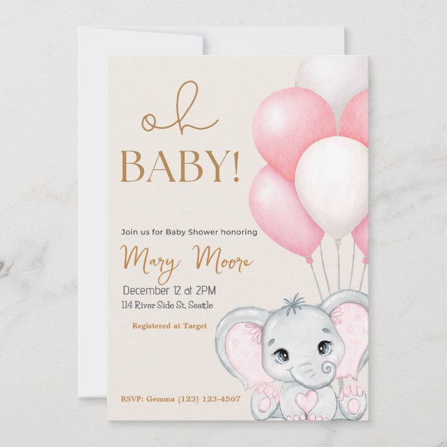 Blush Ivory Elephant Pink Balloons Baby Shower  Invitation (Front)