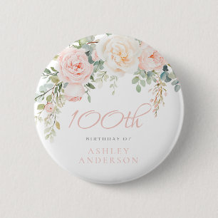 Blush & Ivory Floral 100th Birthday Party Button