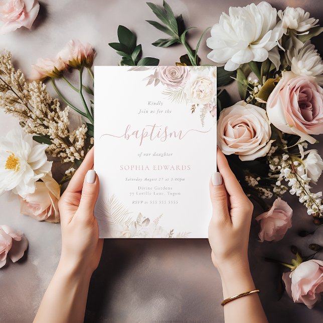 Blush & Ivory Floral Baptism Invitation (Creator Uploaded)