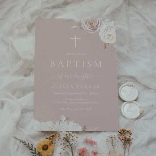 Blush  Ivory Floral Dusty Pink Baptism Invitation