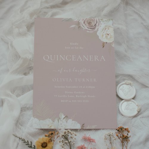 Blush  Ivory Floral Dusty Pink Quinceanera Party Invitation