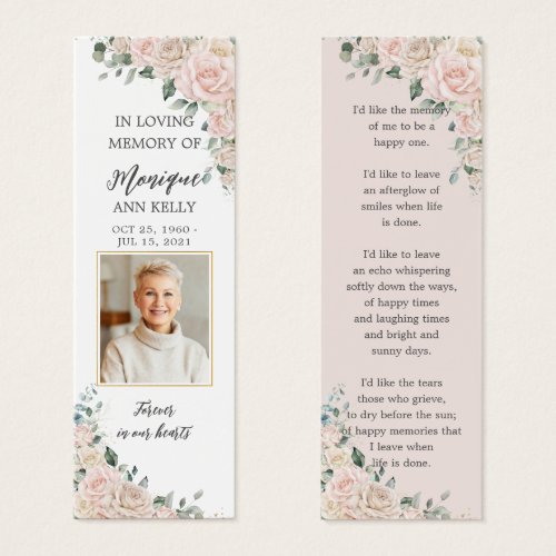 Blush Ivory Floral Photo Funeral Memorial Bookmark